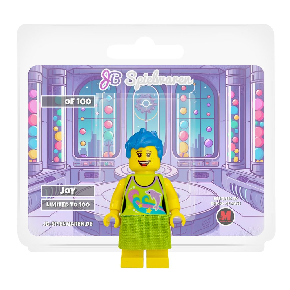Joy custom minifigure with exclusive printed placard by JB Spielwaren and Bricks of Maze
