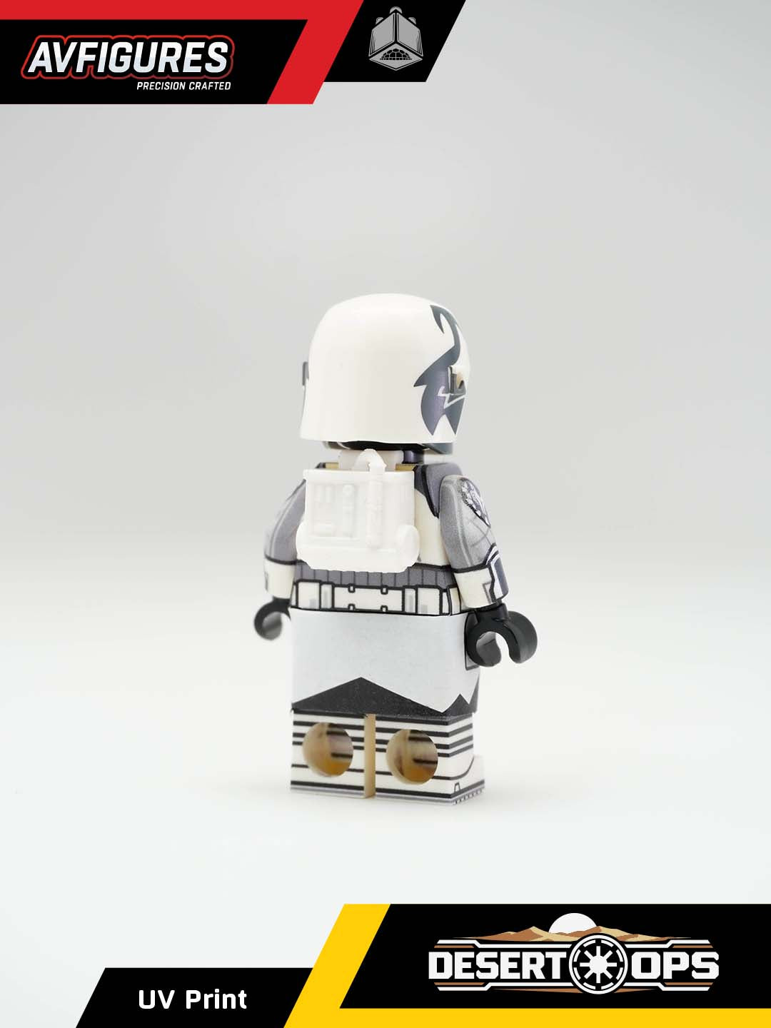 UV printed custom LEGO clone trooper minifigure in desert ops gear by AV Figures, showing detailed back view.
