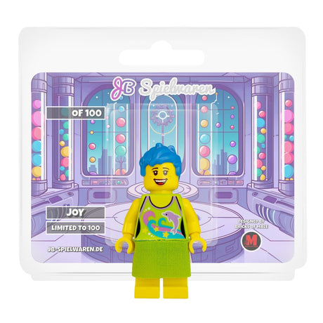 Joy custom minifigure with exclusive printed placard by JB Spielwaren and Bricks of Maze