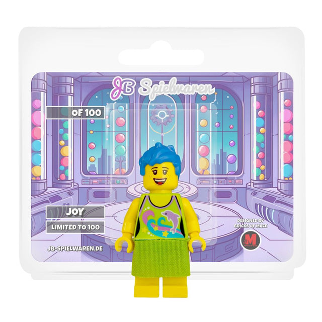 Joy custom minifigure with exclusive printed placard by JB Spielwaren and Bricks of Maze