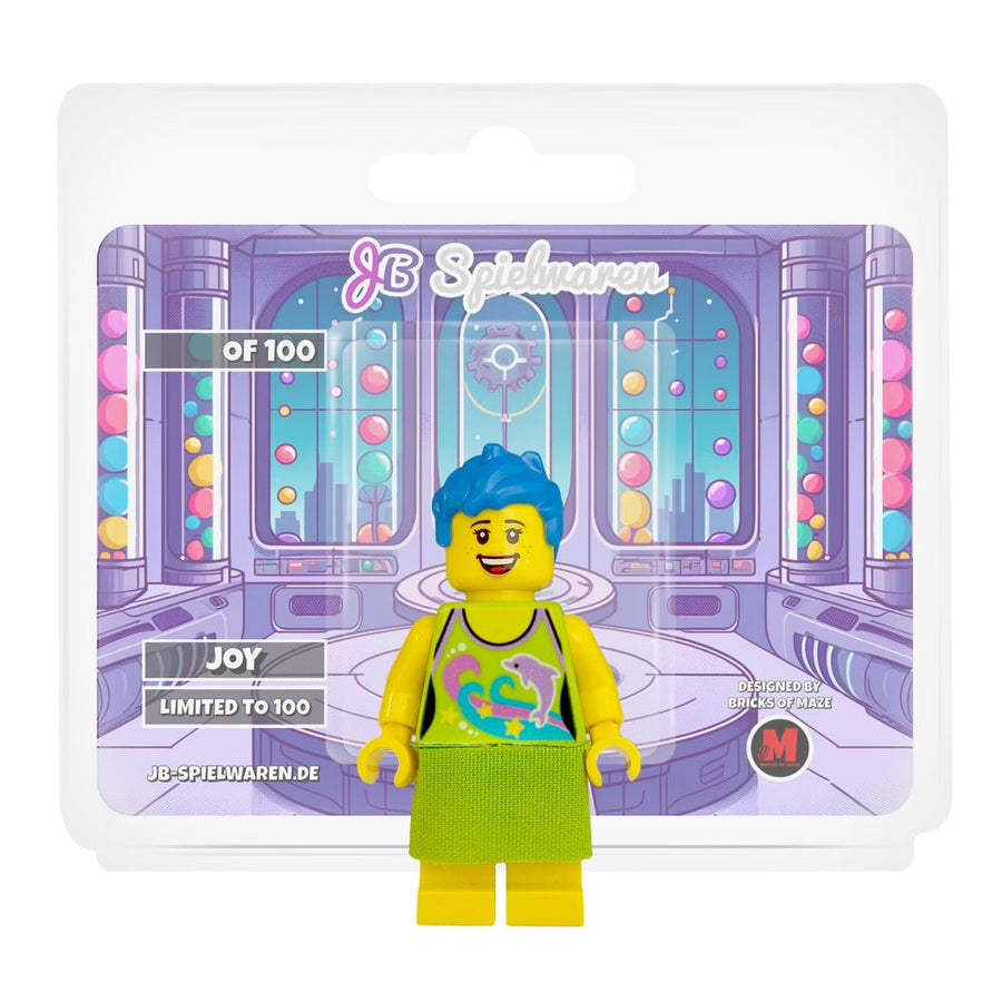 Joy custom minifigure with exclusive printed placard by JB Spielwaren and Bricks of Maze