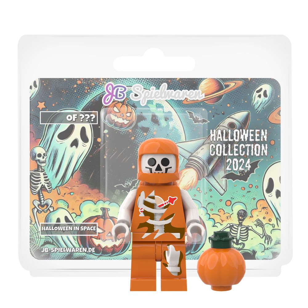 Halloween in Space custom minifigure in pumpkin-orange spacesuit with skeleton details
