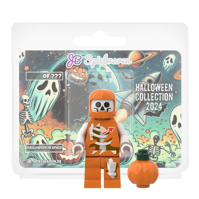 Halloween in Space custom minifigure in pumpkin-orange spacesuit with skeleton details
