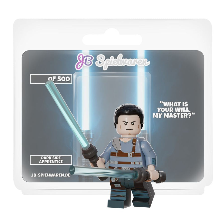 Dark Side Apprentice custom minifigure with lightsaber and printed placard