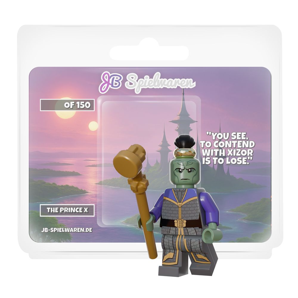The Prince X custom minifigure by JB Spielwaren, featuring detailed printing, placard card, and limited edition numbering