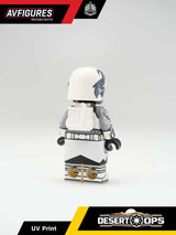 UV printed custom LEGO minifigure of a Wolfpack Trooper in desert gear, featuring detailed camouflage and tactical accessories.