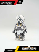 UV printed custom LEGO clone trooper minifigure in desert gear, from AV Figures' Comet Desert Gear series, front view.
