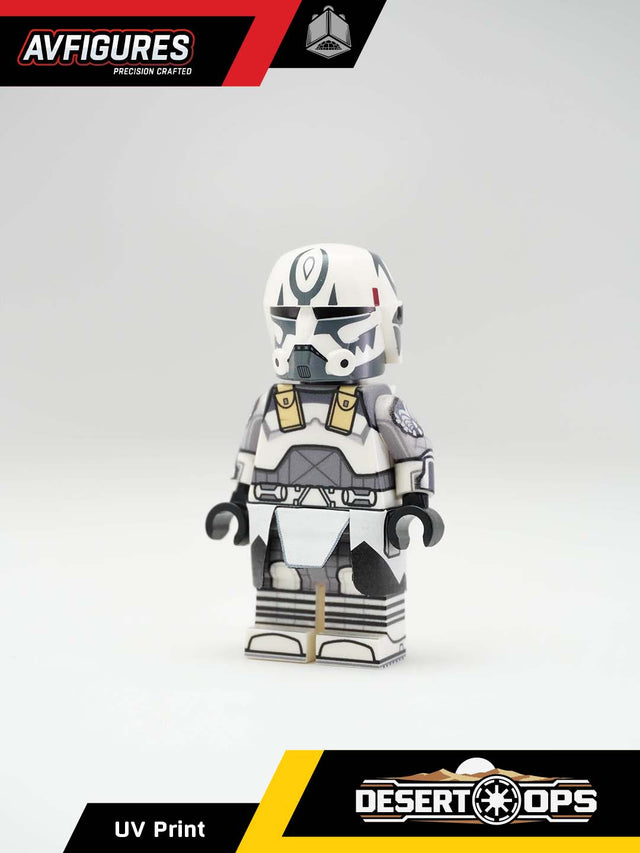 UV printed custom LEGO clone trooper minifigure in desert gear, from AV Figures' Comet Desert Gear series, front view.