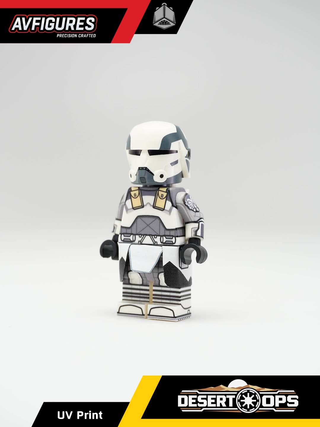 Custom LEGO Wolfpack Trooper UV printed minifigure in desert gear, featuring detailed armor and tactical equipment.
