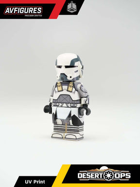 Custom LEGO Wolfpack Trooper UV printed minifigure in desert gear, featuring detailed armor and tactical equipment.