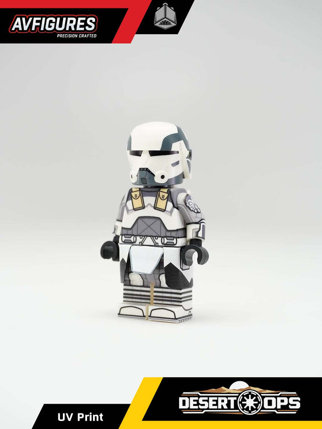 Custom LEGO Wolfpack Trooper UV printed minifigure in desert gear, featuring detailed armor and tactical equipment.