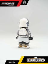 UV printed custom LEGO minifigure of a 104th Clone Trooper in desert ops gear by AV Figures, showing back view.