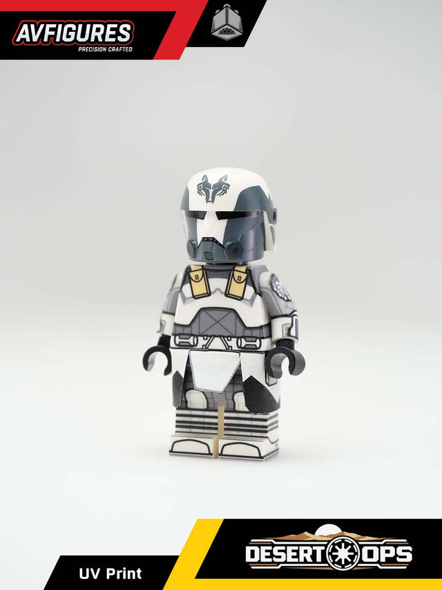 UV printed custom LEGO minifigure of a 104th Clone Trooper in desert ops gear by AV Figures, front view.