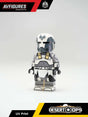 UV printed custom LEGO minifigure of a 104th Clone Trooper in desert ops gear by AV Figures, front view.