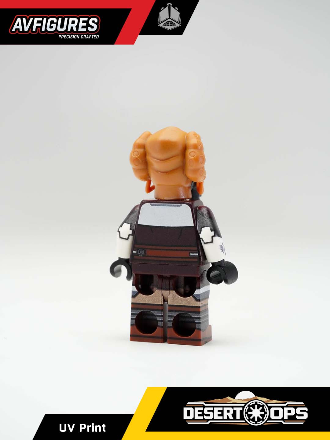 Custom Plo Koon S6 UV printed LEGO minifigure by AV Figures, showing the detailed Jedi Master figure with printed designs from the back.