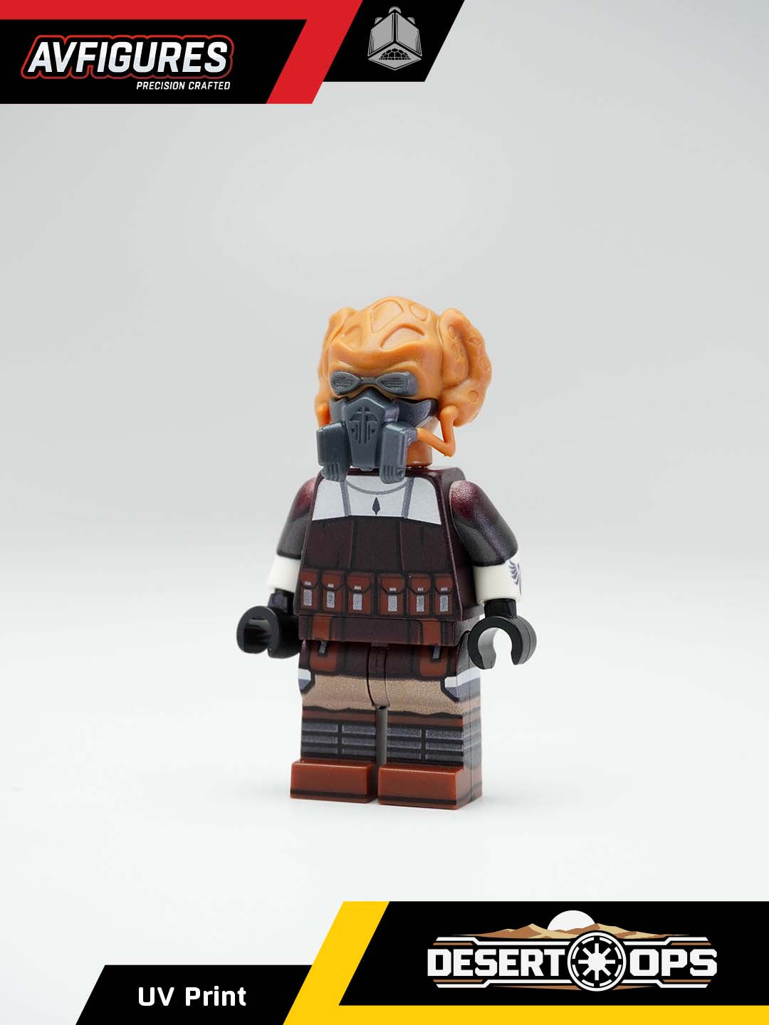 Custom LEGO Plo Koon S6 UV printed Jedi Master minifigure by AV Figures, front view showing detailed printing and unique design.