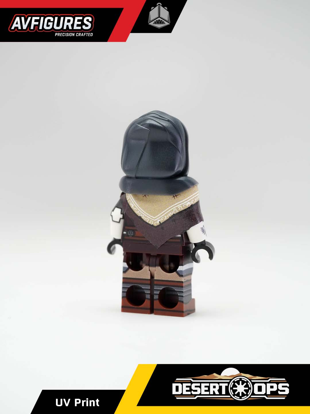 Custom Plo Koon S6 UV printed LEGO minifigure by AV Figures, detailed Jedi Master with unique UV design, back view featured.