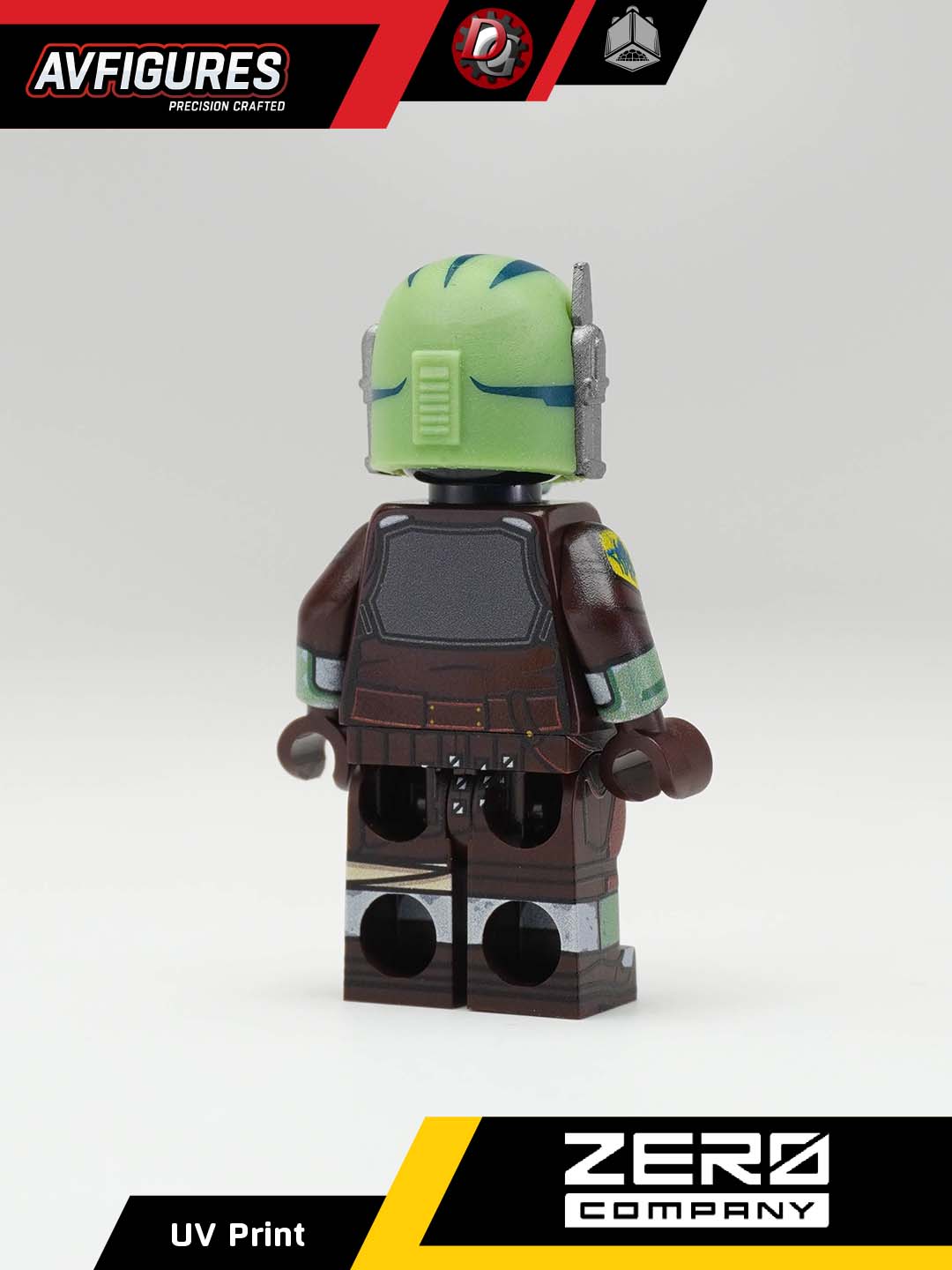 Custom LEGO minifigure of Cly Kullervo by AV Figures, featuring UV printed design and detailed back view without jetpack.