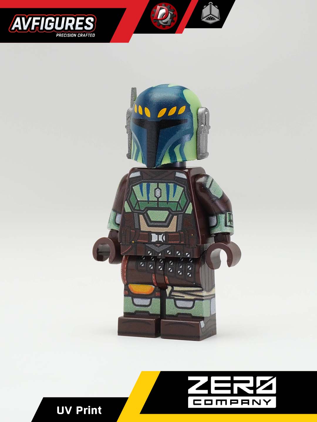 Custom Cly Kullervo UV printed LEGO minifigure by AV Figures, front view showcasing detailed design and vibrant colors.