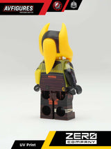 Custom LEGO minifigure of Runa Blask UV printed by AV Figures, showing back view with detailed design on the figure.