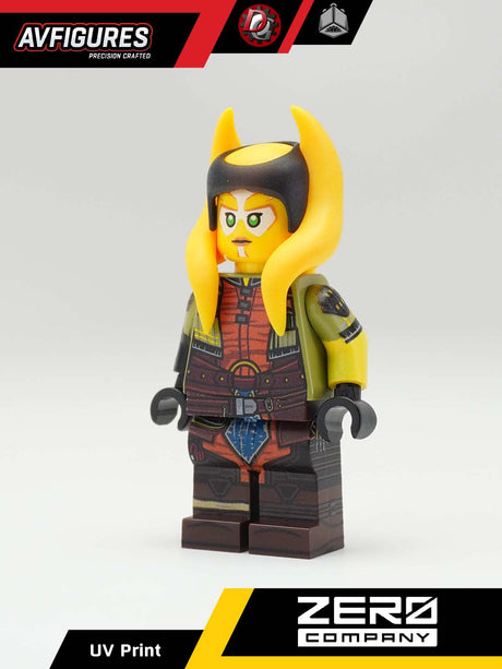 Front view of AV Figures Runa Blask UV printed custom LEGO minifigure with detailed design and vibrant colors.