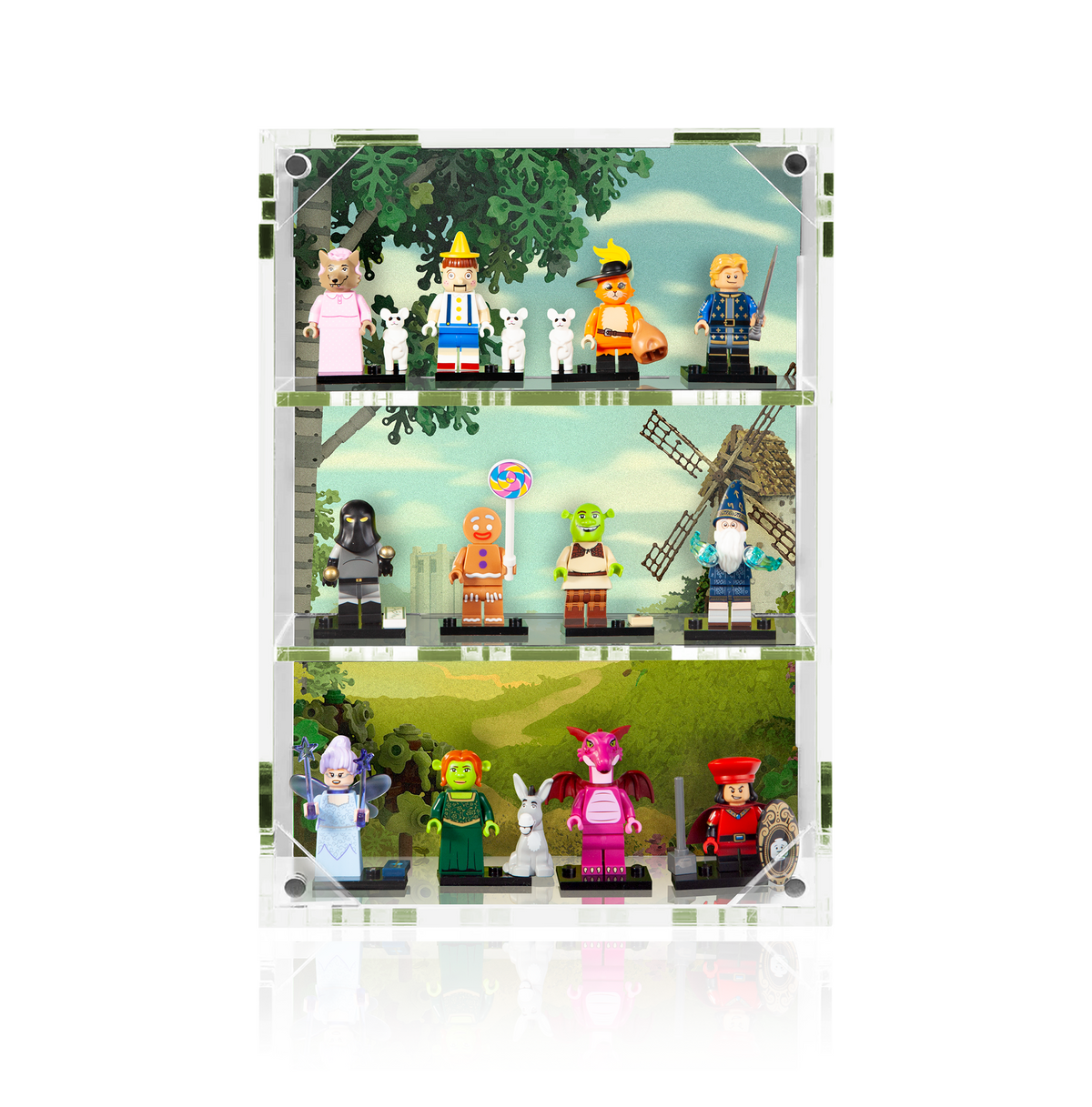 LEGO Shrek minifigure wall display case by BrickShell Cases holding 12 Shrek minifigures in clear plastic compartments.
