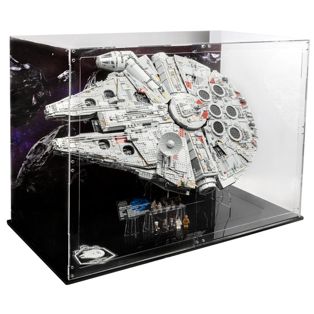 LEGO Millennium Falcon display case by BrickShell Cases with magnetic front, showcasing the iconic Star Wars spaceship inside.