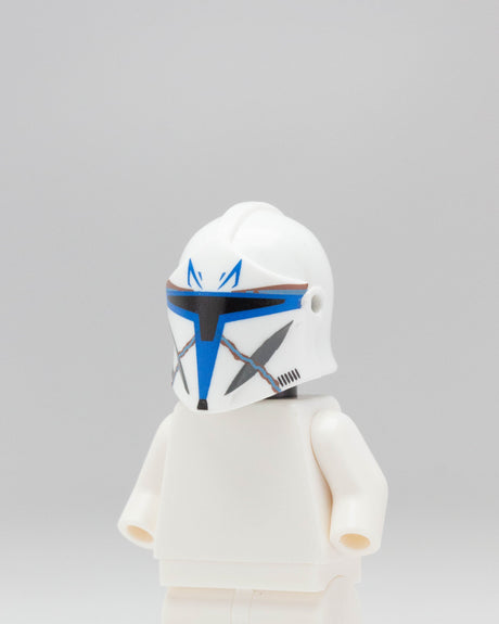Custom Minifigure helmet featuring Bartok Captain Rex design by AV Figures, with detailed pad printing on a LEGO-style helmet.