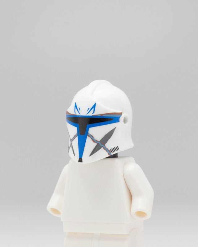 Custom Minifigure helmet featuring Bartok Captain Rex design by AV Figures, with detailed pad printing on a LEGO-style helmet.