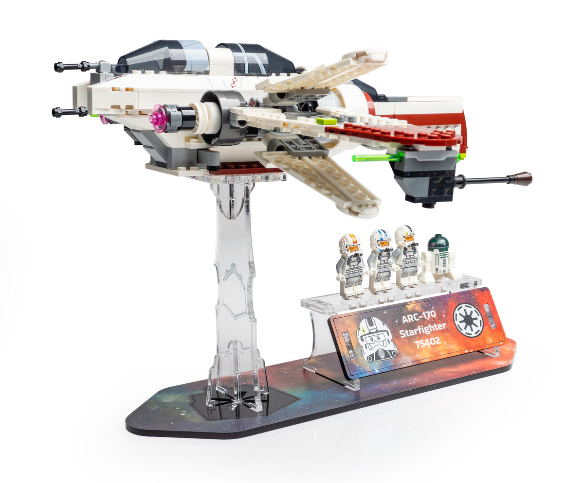 LEGO Star Wars ARC-170 Starfighter display stand in clear BrickShell Cases, showcasing the model with protective transparent case