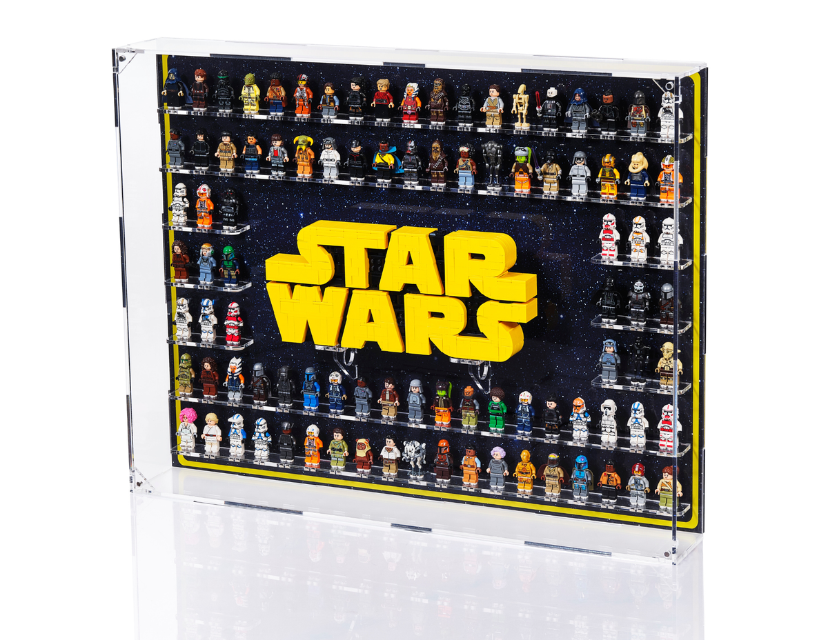 LEGO Star Wars Minifigure Super Fan Wall Display Case by BrickShell Cases holding 94 minifigures on a wall display