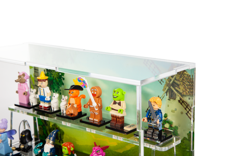 LEGO® Shrek minifigure display case by BrickShell Cases with 12-slot podium, clear acrylic enclosure for collectible figures.