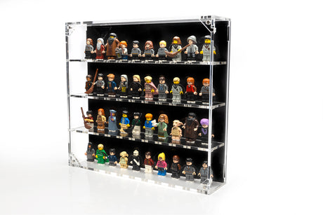 Wall-mounted BrickShell display case for 40 LEGO® minifigures, shown with transparent acrylic panels and sturdy mounting hardware.